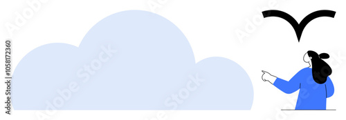 Person in blue pointing at a bird flying above a large blue cloud. Ideal for nature, weather, cloud computing, outdoor activities, and environmental awareness. Minimalist, modern, flat