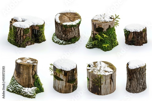 A collection of realistic snow-covered old tree stumps that have been cut out. Generative Ai