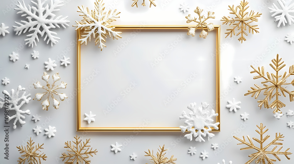Design element with gold frame and scattered golden snowflakes on white background for festive occasions. Glistening Snowflakes. Illustration Design element with gold frame and scattered golden snowflakes on white background for festive occasions. Glistening Snowflakes. Illustration
