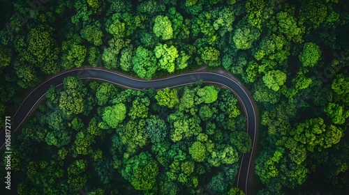 Aerial view of a road in the middle of the forest. 