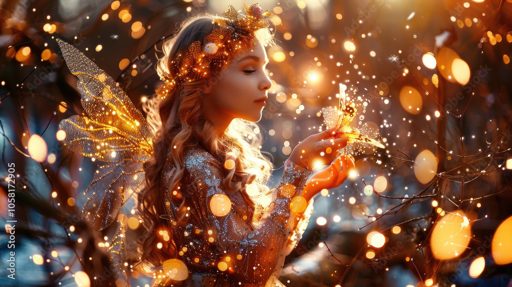 magical fairy with bright wings and flowing dress stands amidst sparkling lights, creating enchanting atmosphere filled with wonder and beauty magical fairy with bright wings and flowing dress stands amidst sparkling lights, creating enchanting atmosphere filled with wonder and beauty