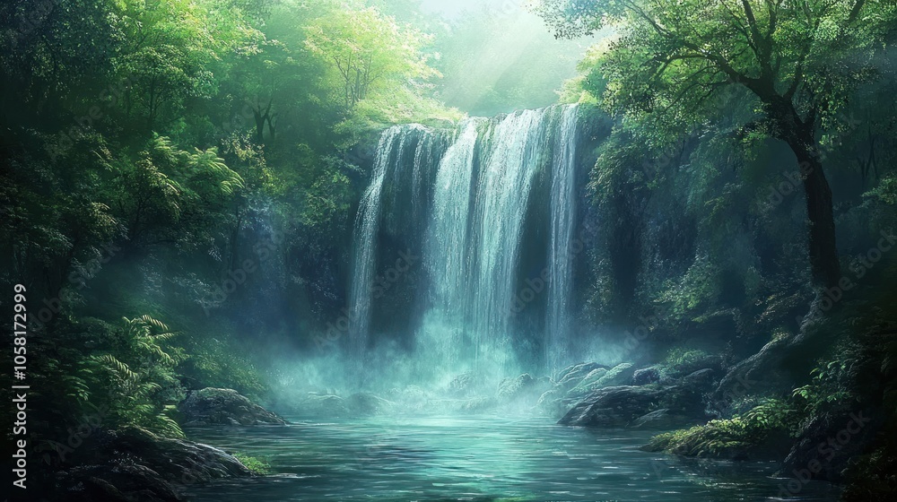 Tranquil Waterfall in Lush Forest Tranquil Waterfall in Lush Forest