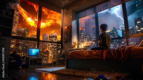 child sits on bed, gazing out of window at fantastical scene with giant creature flying over city skyline illuminated by lightning and fiery sunset. atmosphere is filled with wonder and excitement