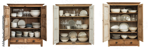 A rustic kitchen cupboard filled with vintage dishes and glassware, isolated on a transparent background