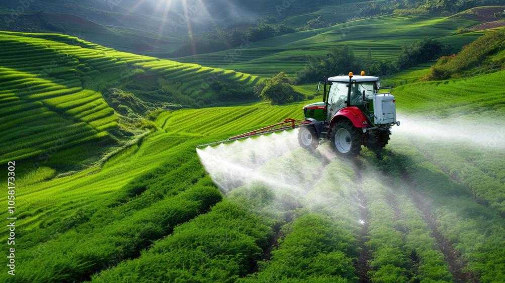 Fototapeta premium tractor spraying fertilizer in lush green field showcases beauty of agriculture and importance of crop care. vibrant landscape highlights harmony between technology and nature