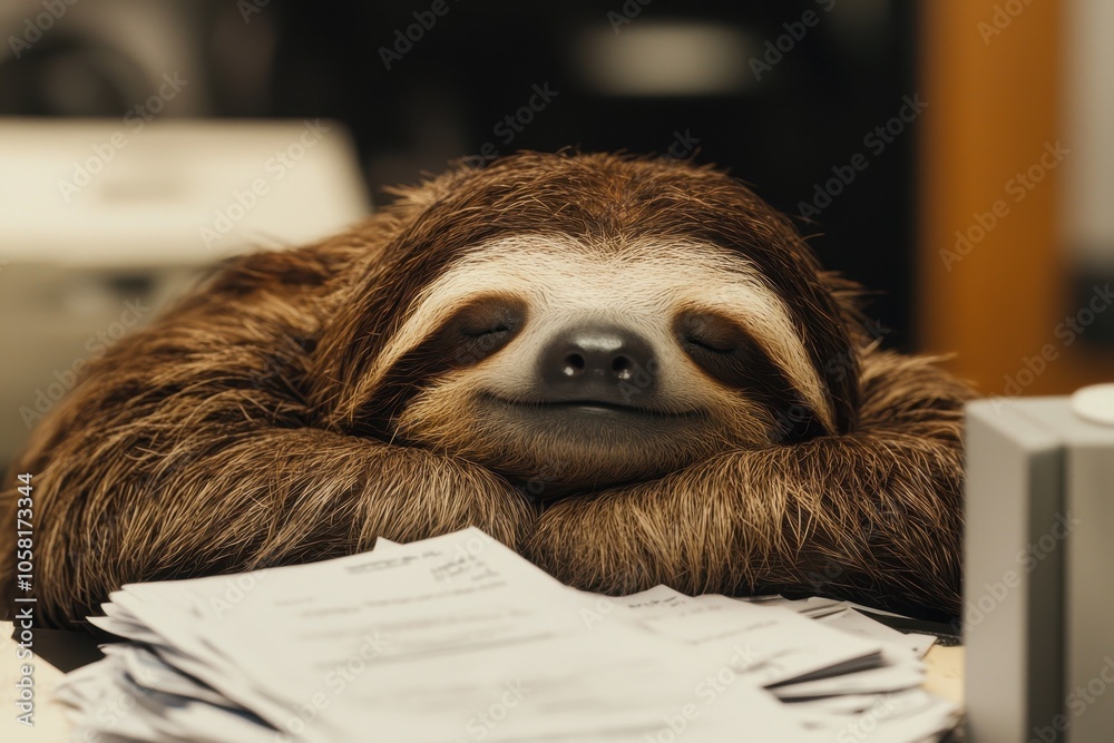 Naklejka premium A brown sloth is sleeping on a desk with papers