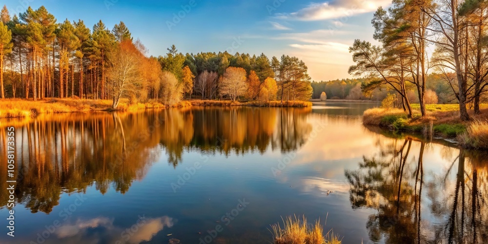 Obraz premium Earthy brown landscape with a serene lake and surrounding trees, brown landscape, lake