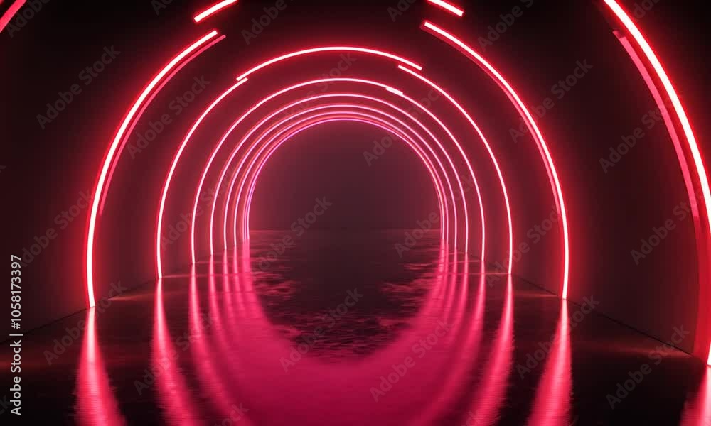 A vibrant tunnel illuminated with pink neon lights, reflecting on a smooth surface. A vibrant tunnel illuminated with pink neon lights, reflecting on a smooth surface.