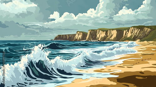 Dramatic stormy seascape with waves crashing on a sandy beach and cliffs in the background. Sandy Cliffs. Illustration photo