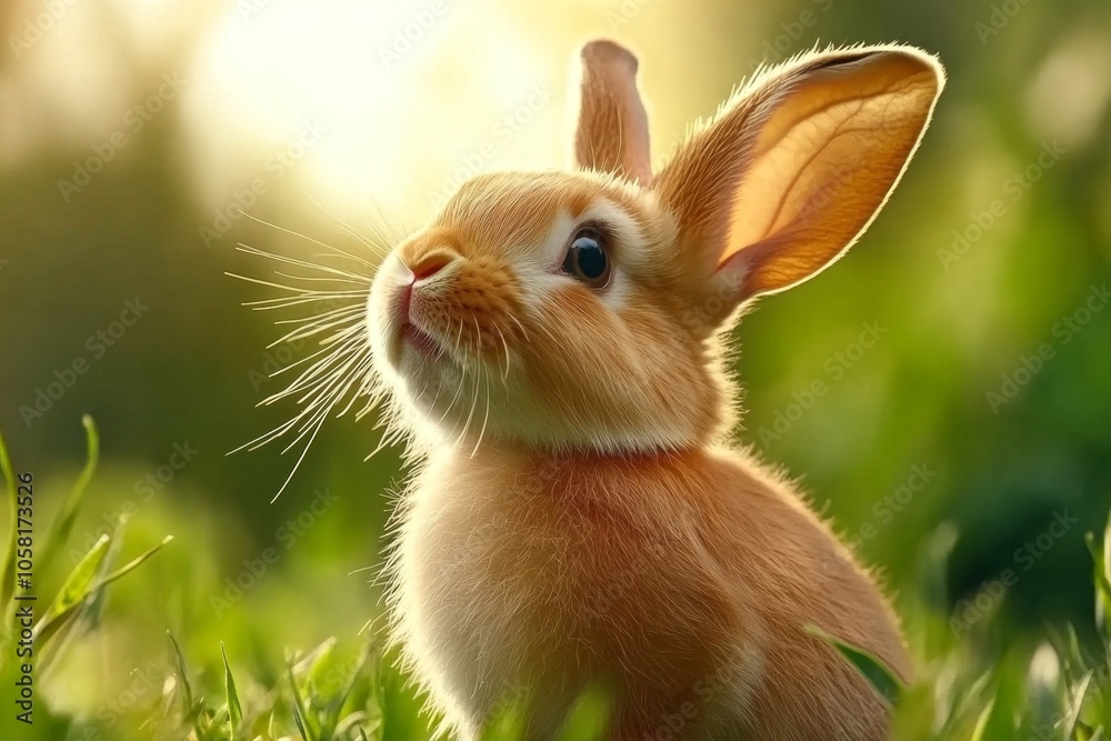 Fototapeta premium Close-up of a rabbit in a field, with large, soft eyes capturing the gentle and fragile innocence of nature, symbolizing purity and beauty