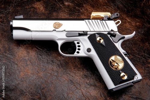 Close-up of a semi-automatic pistol with a sleek, polished finish, set against a dark background capturing the modern design and efficiency of contemporary firearms, symbolizing precision and