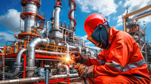 welder in orange jumpsuit adjusts his helmet while preparing to work in industrial setting, surrounded by pipes and machinery. Sparks fly as he focuses on his task, showcasing intensity of job