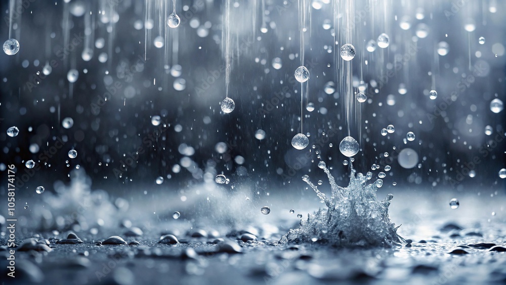 Water droplets falling from grey sky, forming a mix of rain and snowflakes gently touching the ground, droplets, ground Water droplets falling from grey sky, forming a mix of rain and snowflakes gently touching the ground, droplets, ground