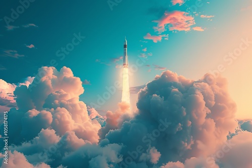 Rocket taking off through fluffy clouds and into the sky. Generative Ai
