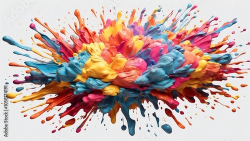 isolated explosion of bright rainbow paint with overlapping, vibrant colors and a mix of larger splashes and finer droplets