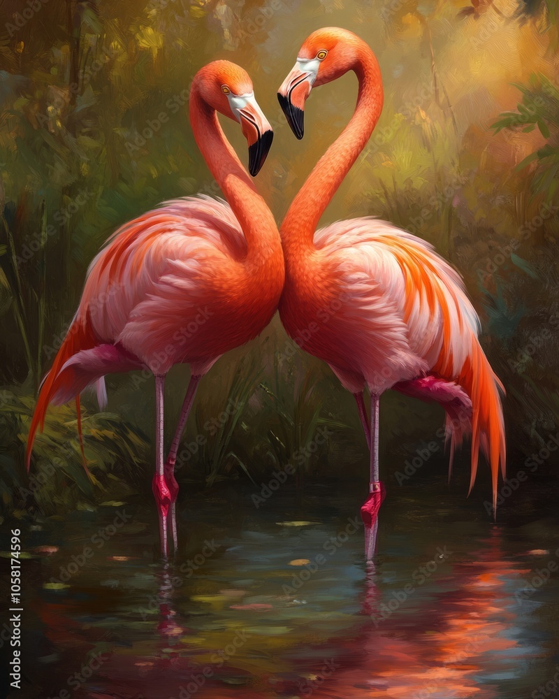 Two pink flamingos standing in a shallow pond with their necks intertwined, forming a heart shape, in a tropical setting. Two pink flamingos standing in a shallow pond with their necks intertwined, forming a heart shape, in a tropical setting.