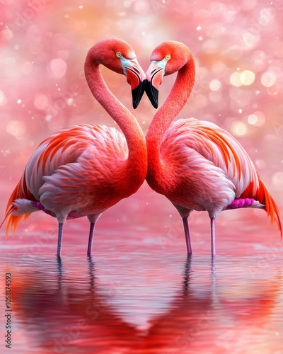 Two pink flamingos standing in shallow water, their necks forming a heart shape, with a pink and white bokeh background.