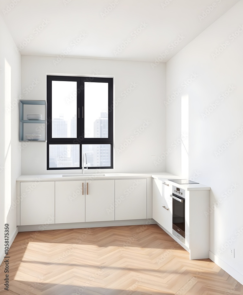 custom made wallpaper toronto digitalWhite home kitchen interior with cooking cabinet, window. Mockup wall, wallpaper