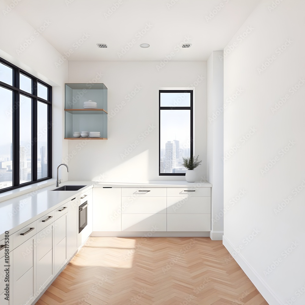White home kitchen interior with cooking cabinet, window. Mockup wall, wallpaper White home kitchen interior with cooking cabinet, window. Mockup wall, wallpaper