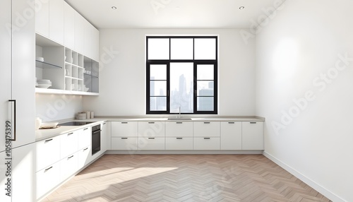 White home kitchen interior with cooking cabinet, window. Mockup wall, wallpaper 