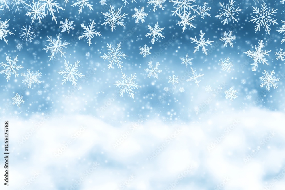Snowflake bokeh effect on a bright blue winter background with floating snowflakes evoking a peaceful wintry ambiance and the charm of a soft seasonal snowfall Snowflake bokeh effect on a bright blue winter background with floating snowflakes evoking a peaceful wintry ambiance and the charm of a soft seasonal snowfall