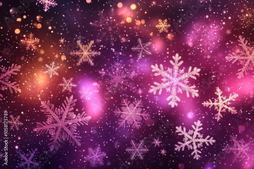 Vibrant purple and pink snowy background with bright white snowflakes creating a festive and magical atmosphere ideal for holiday and winter season decor