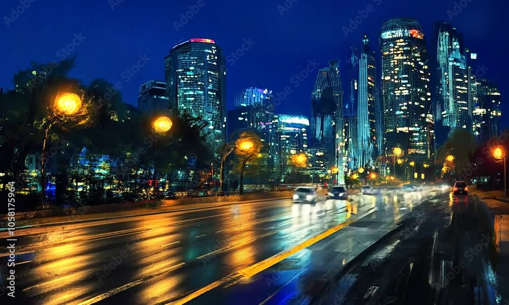 A vibrant, rainy cityscape at night, showcasing illuminated buildings and moving cars. A vibrant, rainy cityscape at night, showcasing illuminated buildings and moving cars.
