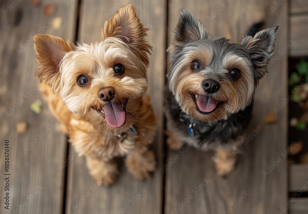 Two Happy Small Dogs Smiling on Wooden Deck Two Happy Small Dogs Smiling on Wooden Deck