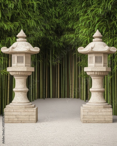 Two stone lanterns flanking a pathway in a bamboo grove.