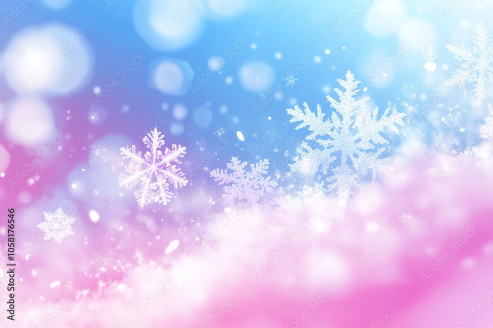 Soft pink and blue snowy background with floating snowflakes and bokeh lights creating a magical dreamy atmosphere ideal for holiday decor and winter celebration themes Soft pink and blue snowy background with floating snowflakes and bokeh lights creating a magical dreamy atmosphere ideal for holiday decor and winter celebration themes