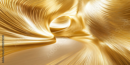 3D flow flow wave silk abstract contour mountain curve with gold glitter metallic glossy line, golden silver white light fashion shiny landscape texture technology web banner valley tunnel background