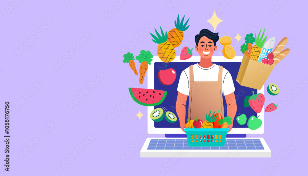 Obraz premium A friendly grocer in an apron emerges from a laptop, offering a basket of fresh fruit. This e-commerce concept shows an online supermarket delivery service with fresh vegetables and a grocery bag.