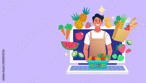 A friendly grocer in an apron emerges from a laptop, offering a basket of fresh fruit. This e-commerce concept shows an online supermarket delivery service with fresh vegetables and a grocery bag.