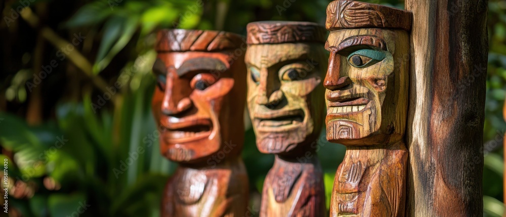 Tribal wooden carvings displayed in a lush garden Tribal wooden carvings displayed in a lush garden