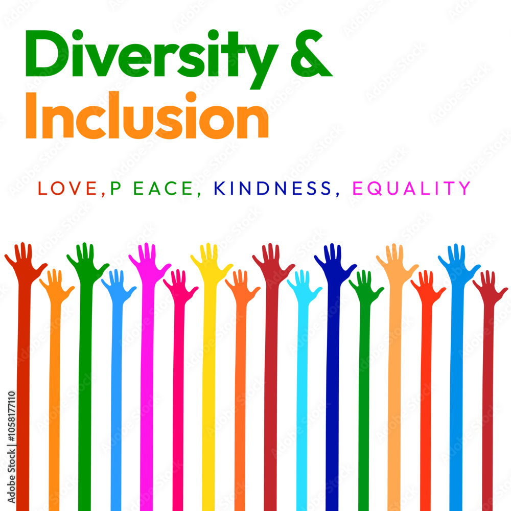 Diversity and inclusion minimalist social media poster design with diversity color hands, vector backdrop Diversity and inclusion minimalist social media poster design with diversity color hands, vector backdrop
