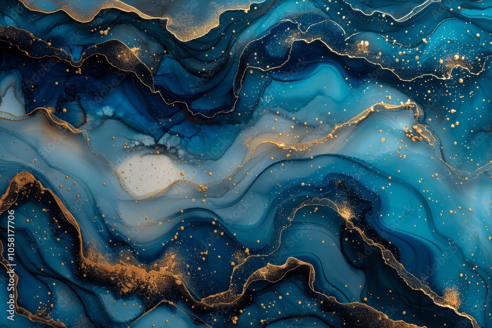 Luxury Abstract Fluid Art with Alcohol Ink and Gold Lines in Blue and Teal Palette