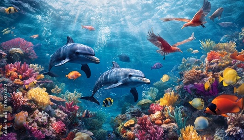 Underwater scene with dolphins, colorful fish, and vibrant coral reefs.