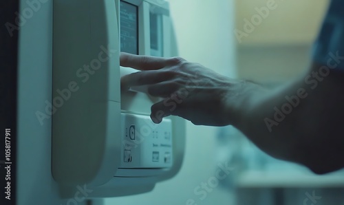 Wallpaper Mural A hand interacts with a medical device, likely adjusting settings or monitoring health data. Torontodigital.ca