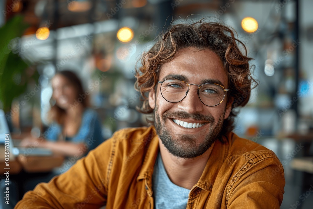 Smiling Young Businessman with Female Colleague in Office Meeting Using Laptop Smiling Young Businessman with Female Colleague in Office Meeting Using Laptop