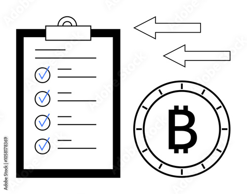 Cryptocurrency Bitcoin symbol next to a checklist clipboard with checkmarks, two arrows indicating transaction direction. Ideal for finance, cryptocurrency trading, digital transactions, technology
