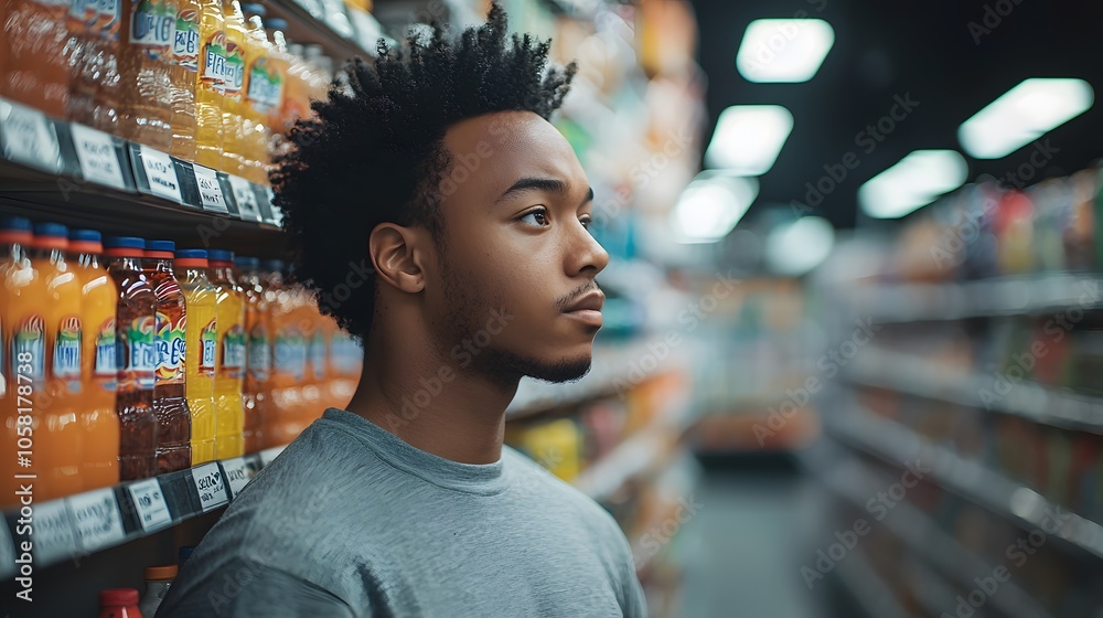 Fototapeta premium Young Black man in a grocery aisle, contemplating drink choices with a thoughtful expression.
