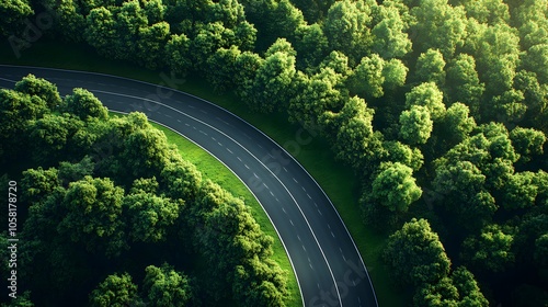 Aerial view of a road in the middle of the forest. 