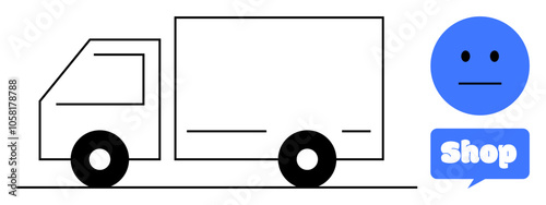 Simple drawing of a delivery truck and a blue face symbol with a neutral expression and shop text in a speech bubble. Ideal for e-commerce, delivery services, consumer feedback, shopping platforms