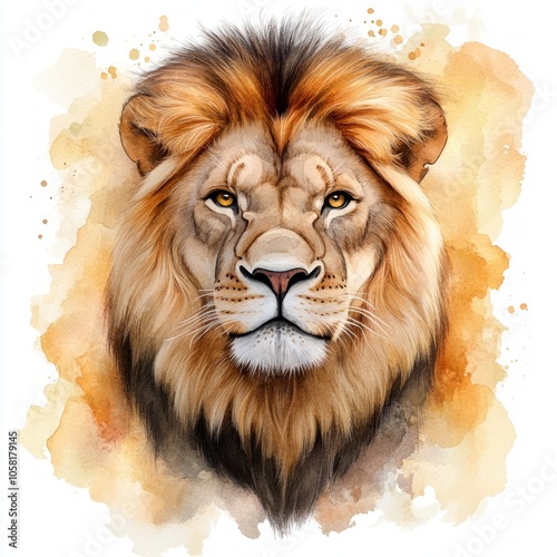 Watercolor portrait of a majestic lion with a  fierce and powerful expression. photo