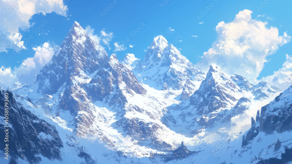 Majestic mountain range with jagged peaks, blanketed in snow, under bright blue sky. serene landscape evokes sense of wonder and tranquility Majestic mountain range with jagged peaks, blanketed in snow, under bright blue sky. serene landscape evokes sense of wonder and tranquility