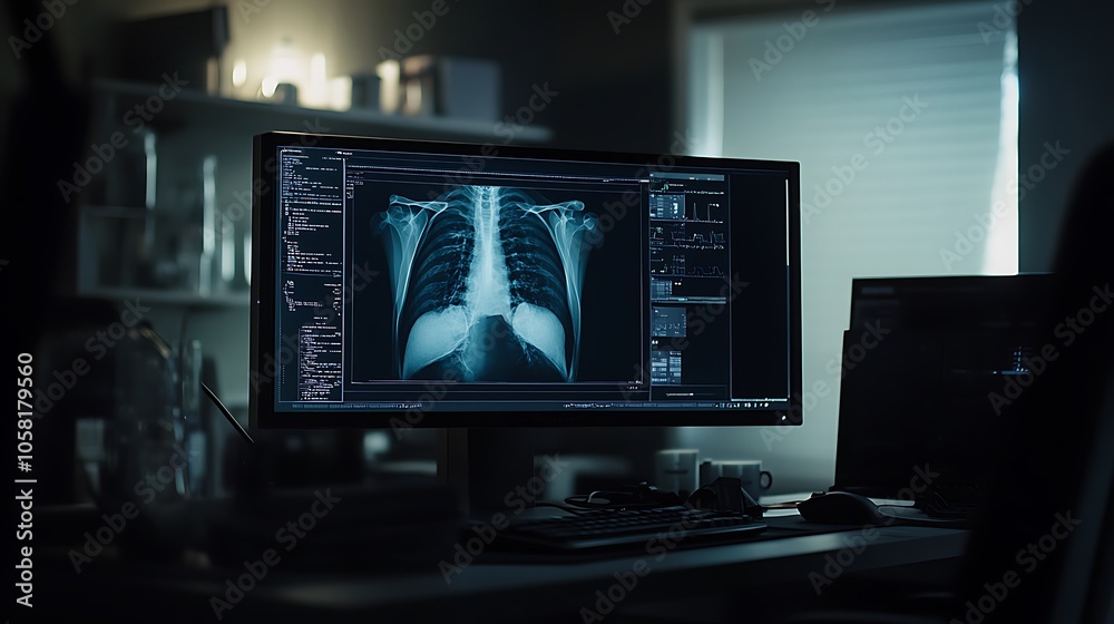 A dimly lit workspace featuring a computer displaying an X-ray image for medical analysis. A dimly lit workspace featuring a computer displaying an X-ray image for medical analysis.