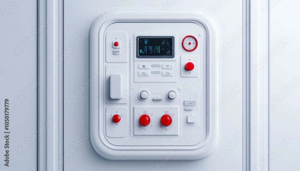 White control panel with red buttons and a digital display. White control panel with red buttons and a digital display.