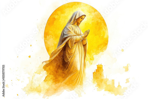 Yellow watercolor of Grace virgin Mary statue, religious design art