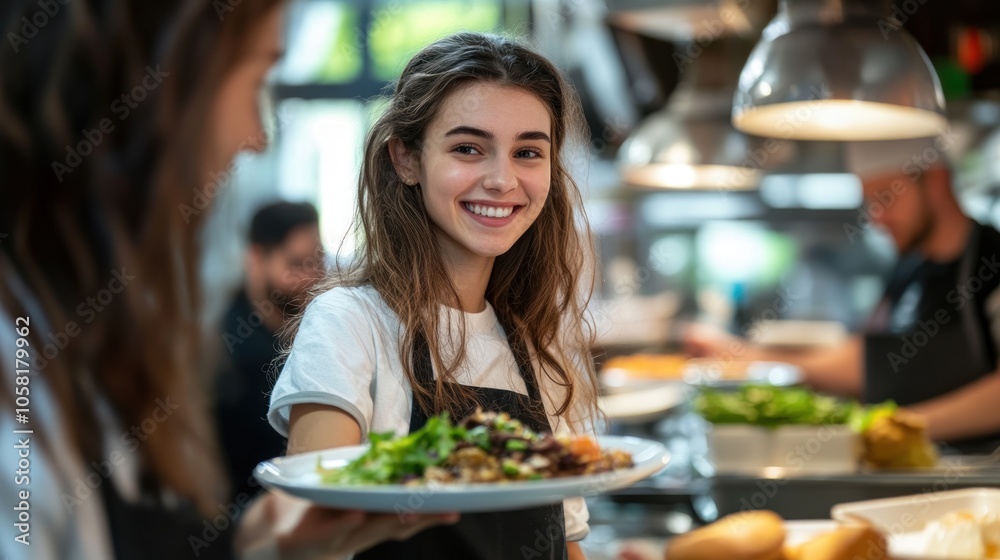 A young woman smiles while serving a plate of food in a bustling kitchen environment. A young woman smiles while serving a plate of food in a bustling kitchen environment.