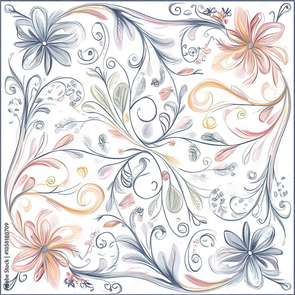 Fototapeta premium Geometric and Organic Doodle Tile and Carpet Designs with White Borders | Hand-drawn, Abstract, Floral, and Symmetrical Patterns in Soft Pastel and Earth Tones